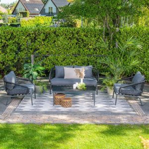 Peato Outdoor Fabric Lounge Set And Coffee Table In Mystic Grey
