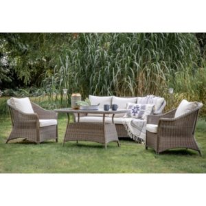 Pecox Outdoor Poly Rattan Lounger Dining Set In Natural