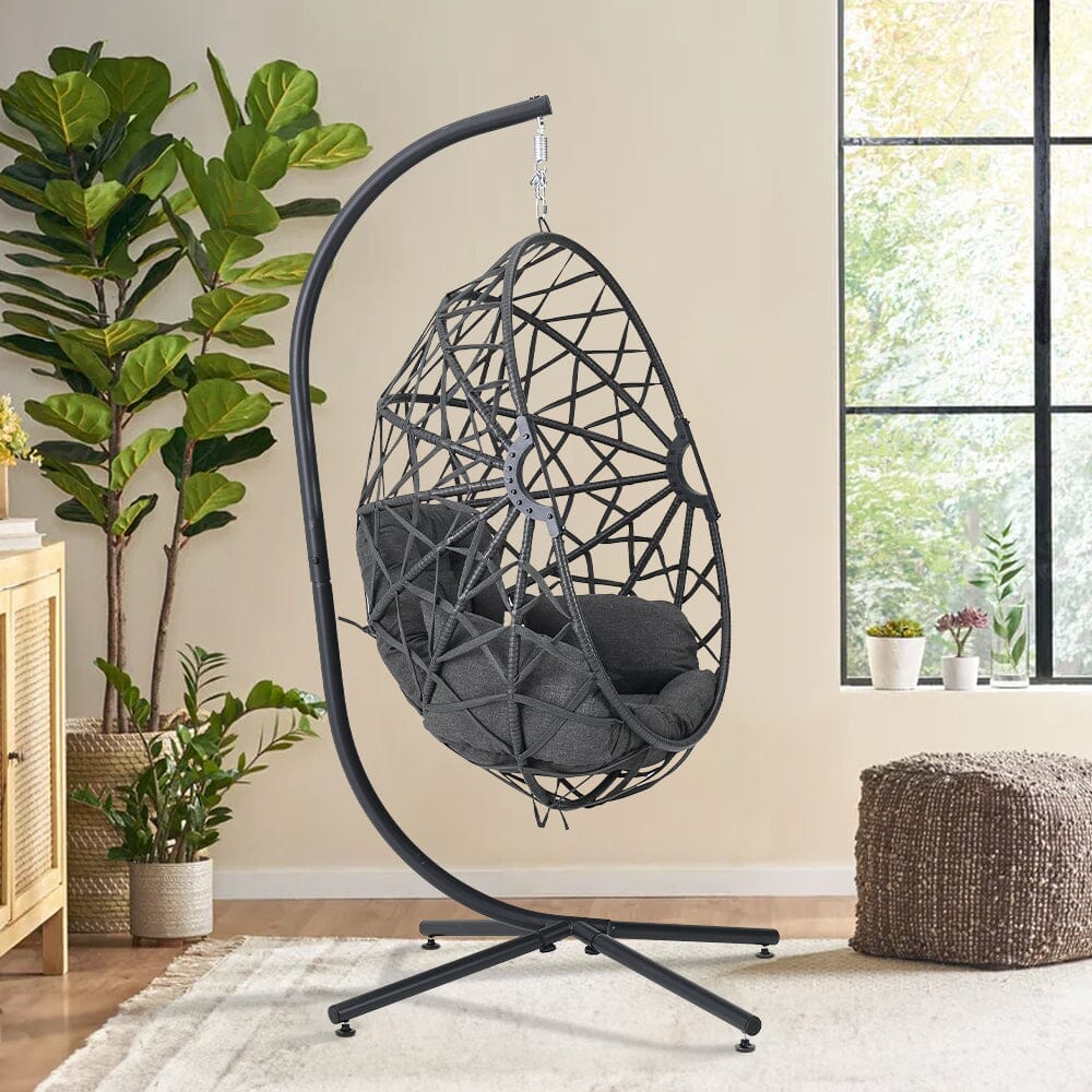 Black Wicker Rattan Swing Basket Chair with Soft Cushion